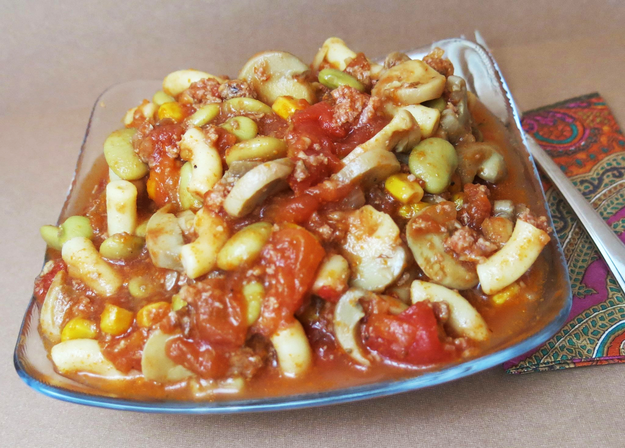 Mushroom Macaroni & Beef with Succotash