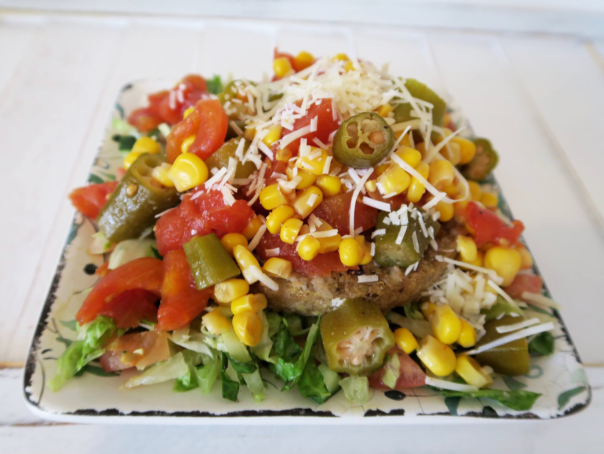 Turkey Patties with Tomatoes, Okra & Corn