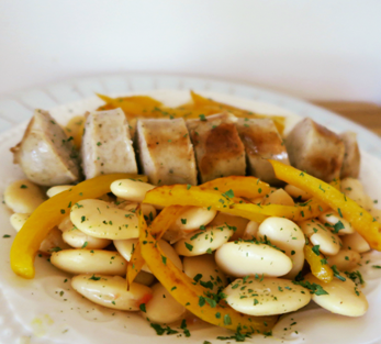 English Bangers with Beans and Yellow Peppers