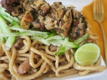 Grilled Chicken Skewers over Sesame Peanut Noodles