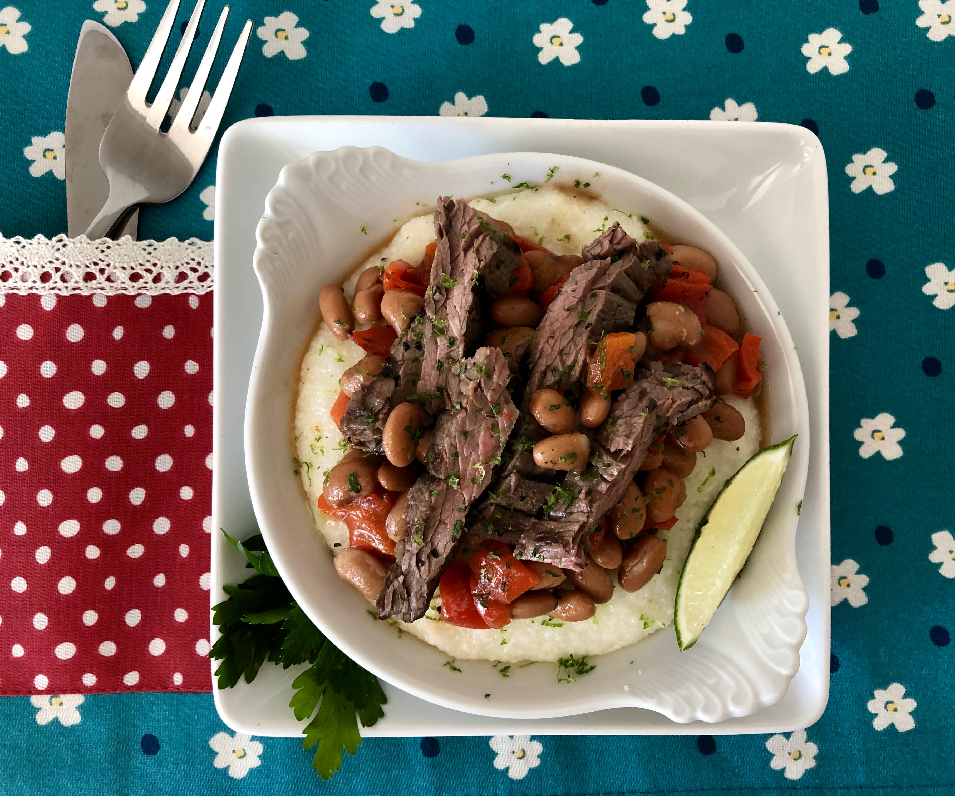 Skirt Steak and Beans over Grits